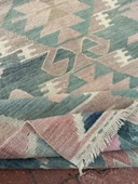 94x247 cm Eski El Dokuma Yeşil Renkli Yolluk Geometrik Desenli Kilim - 4