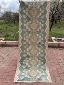 94x247 cm Eski El Dokuma Yeşil Renkli Yolluk Geometrik Desenli Kilim - 3