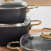 Lines Defne 7 Parça Altın Metal Kulplu İndüksiyon Taban Kare Granit Tencere Seti- Siyah thumbnail 2