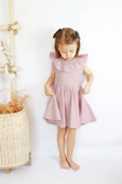 Kız Bebek Pudra Cherry Fiyonklu Fırfırlı Elbise Toka Takım - 5