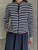 Lacivert-Ekru Yakasız Çizgi Desenli Gold Düğmeli Hırka thumbnail 2