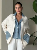 Krem Denim Detaylı Cepli Triko Hırka - 1