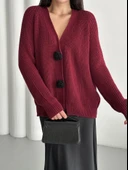 Bordo Premium Çiçek Düğmeli Hırka - 2