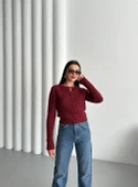 Bordo Bisiklet Yaka Örme Basic Hırka - 5