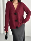Bordo Premium Çiçek Düğmeli Hırka - 3