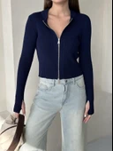 Lacivert Çift Fermuarlı El Geçme Detaylı Ayarlanabilir Hırka thumbnail 3