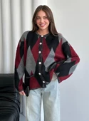 Bordo Gümüş Düğmeli Baklava Desenli Hırka - 1