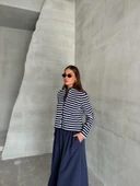 Lacivert-Ekru Yakasız Çizgi Desenli Gold Düğmeli Hırka thumbnail 6