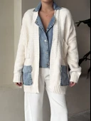 Krem Denim Detaylı Cepli Triko Hırka - 2