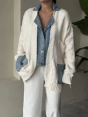 Krem Denim Detaylı Cepli Triko Hırka - 3