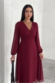 Dipmoda kadın bordo astarlı şifon elbise DPK30281 - 4