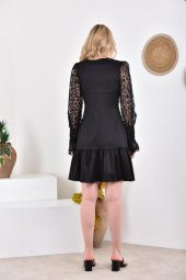 V Yaka Uzun Kollu Dantel ve Taşlı Dekolteli Siyah Abiye Elbise thumbnail 5