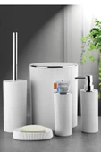 grasyahome 5 Parça Çizgili Banyo Seti Çöp Kovası Sıvı Katı Sabunluk Diş Fırçalık Tuvalet Fırçası - 1