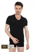 Erkek Elastanlı V Yaka Siyah T-shirt 0956 6'lı Ekonomik Paket - 1