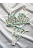 ARONA Ekru Yeşil Çiçek Işlemeli Brode Balenli Tül Sütyen Tanga Iç Çamaşırı Takımı - Lingerie Haven thumbnail 2