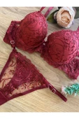 RUYAZ TEKSTİL Dantelli  Destekli Kadın Bordo İç Çamaşır Takım Dolgulu Sütyen Takım thumbnail 3
