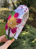 Abiye Nişan Düğün Beyaz Saten Model Hibisküs El İşi Tasarım Taç Kadın Saç - 1