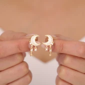 925 Ayar Gümüş Mineli Hilal Sallantılı Yıldız Küpe thumbnail 2