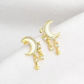 925 Ayar Gümüş Mineli Hilal Sallantılı Yıldız Küpe thumbnail 5