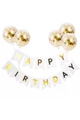 Happy Bırthday Beyaz Varaklı Banner Yazı Konfetili Şeffaf Balon Seti - 1