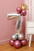 Rakam Balon Karşılama Seti 7 Yaş Parlak Rose Gold Gümüş Renkler Altın Taçlı 7 Rakamlı Balon thumbnail 1