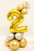 Gold Renk 2 Yaş Krom Gold Gümüş Renkler Altın Taçlı Balon Seti thumbnail 1