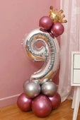 Rakam Balon Karşılama Seti 9 Yaş Parlak Rose Gold Gümüş Renkler Altın Taçlı 9 Rakamlı Balon thumbnail 1