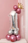 1 Yaş Krom Pembe Gümüş Renkler Altın Taçlı Balon Seti thumbnail 1