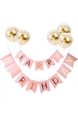 Happy Bırthday Pembe Varaklı Banner Yazı Konfetili Şeffaf Balon Seti thumbnail 1
