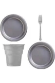 Gümüş Renk Plastik Tabak Bardak Çatal Seti - Lüx Plastik 25 Kişilik Doğum Günü Set thumbnail 1