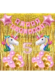 Gökkuşağı Unicorn Konsept 5 Yaş Balon Doğum Günü Set Gökkuşağı Altın Renk Unicorn Yaş Balon Set thumbnail 1