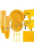 25 Kişilik Kullan At Plastik Tabak Bardak Çatal Peçete Masa Örtüsü Seti Sarı Renk thumbnail 1