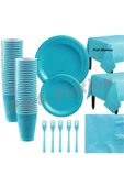 25 Kişilik Kullan At Plastik Tabak Bardak Çatal Peçete Masa Örtüsü Seti Mavi Renk thumbnail 1
