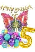 Rengarenk Kelebek 1 Yaş Balon Set Colorfull Butterfly Gökkuşağı Konsept Parti Doğum Günü Balon Seti thumbnail 1