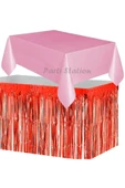 Masa Örtüsü ve Etek Set Plastik Pembe Renk Masa Örtüsü Kırmızı Renk Metalize Sarkıt Masa Eteği Set thumbnail 1