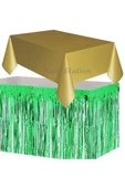 Masa Örtüsü Masa Eteği Plastik Altın Gold Renk Masa Örtüsü Yeşil Renk Metalize Sarkıt Masa Eteği Set thumbnail 1