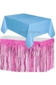 Masa Örtüsü ve Eteği Set Plastik Mavi Renk Masa Örtüsü Pembe Renk Metalize Sarkıt Masa Eteği Set - 1