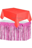 Masa Örtüsü ve Etek Set Plastik Kırmızı Renk Masa Örtüsü Pembe Renk Metalize Sarkıt Masa Eteği Set thumbnail 1