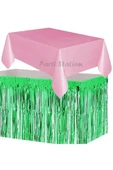 Masa Örtüsü ve Etek Set Plastik Pembe Renk Masa Örtüsü Yeşil Renk Metalize Sarkıt Masa Eteği Set thumbnail 1