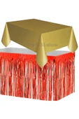 Masa Örtüsü ve Eteği Plastik Altın Gold Renk Masa Örtüsü Kırmızı Renk Metalize Sarkıt Masa Eteği Set - 1