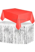 Masa Örtüsü ve Etek Set Plastik Kırmızı Renk Masa Örtüsü Gümüş Renk Metalize Sarkıt Masa Eteği Set thumbnail 1