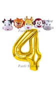 Altın Renk Rakam Balonlu Safari 4 Yaş Doğum Günü Parti Balon Set Safari Hayvanlar Tema Parti - 1