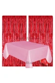 2 Adet Kırmızı Renk Metalize Arka Fon Perdesi ve 1 Adet Plastik Pembe Renk Masa Örtüsü Set thumbnail 1