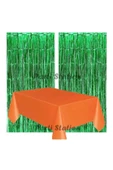 2 Adet Yeşil Renk Metalize Arka Fon Perdesi ve 1 Adet Plastik Turuncu Renk Masa Örtüsü Set - 1