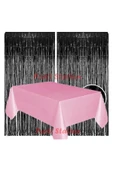2 Adet Siyah Renk Metalize Arka Fon Perdesi ve 1 Adet Plastik Pembe Renk Masa Örtüsü Set - 1