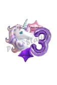 Unicorn Balon 3 Yaş Balon Set Gökkuşağı Unicorn Balon ve Mor Rakam Balon Doğum Günü Seti - 1