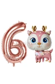 Sevimli Geyik 6 Yaş Balon Set Ceylan Balon Woodland Konsept Geyik Balon ve Rosegold Renk Rakam Balon thumbnail 1