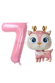 Sevimli Geyik 7 Yaş Balon Set Ceylan Balon Woodland Konsept Geyik Balon ve Pembe Renk Rakam Balon - 1