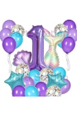 Mor Deniz Kızı Konsept 1 Yaş Balon Set Deniz Kızı Mermaid Tema Doğum Günü Folyo Balon Set thumbnail 1