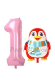 Sevimli Penguen Balon 1 Yaş Doğum Günü Balon Set Penguen Konsept ve Pembe Renk Rakam Balon thumbnail 1